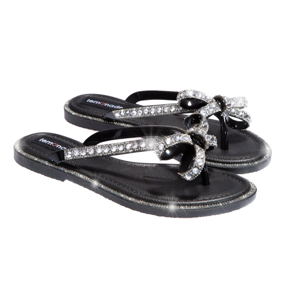Sandalias de flor de cristal con lazo - Edición limitada - Negro