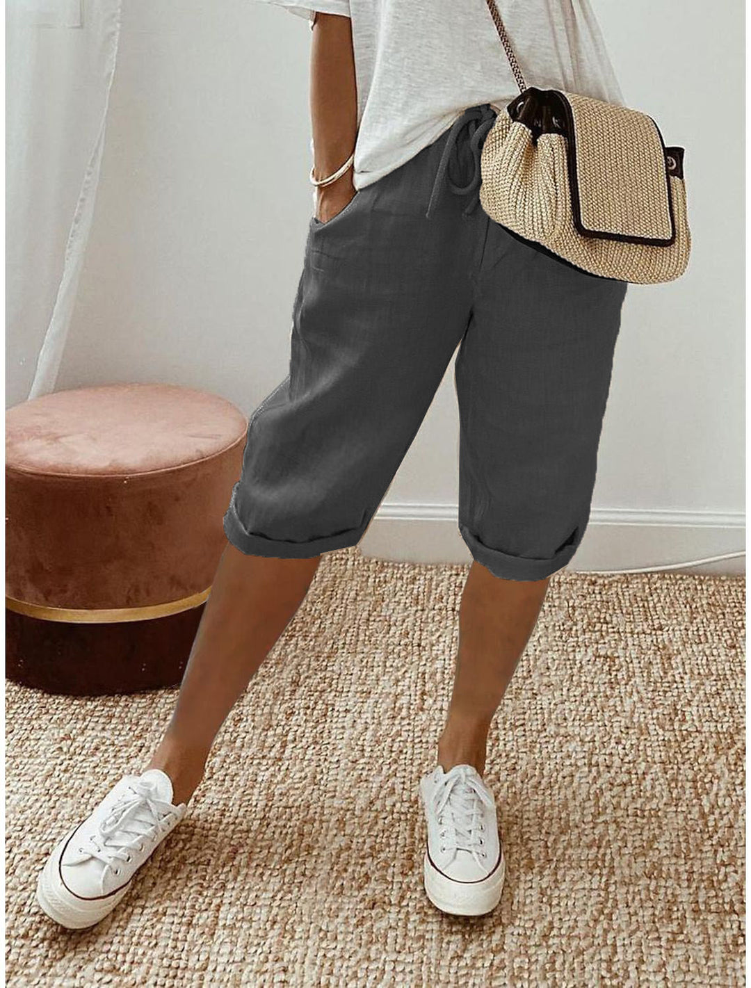Pantalones capri casuales de algodón y lino para mujer