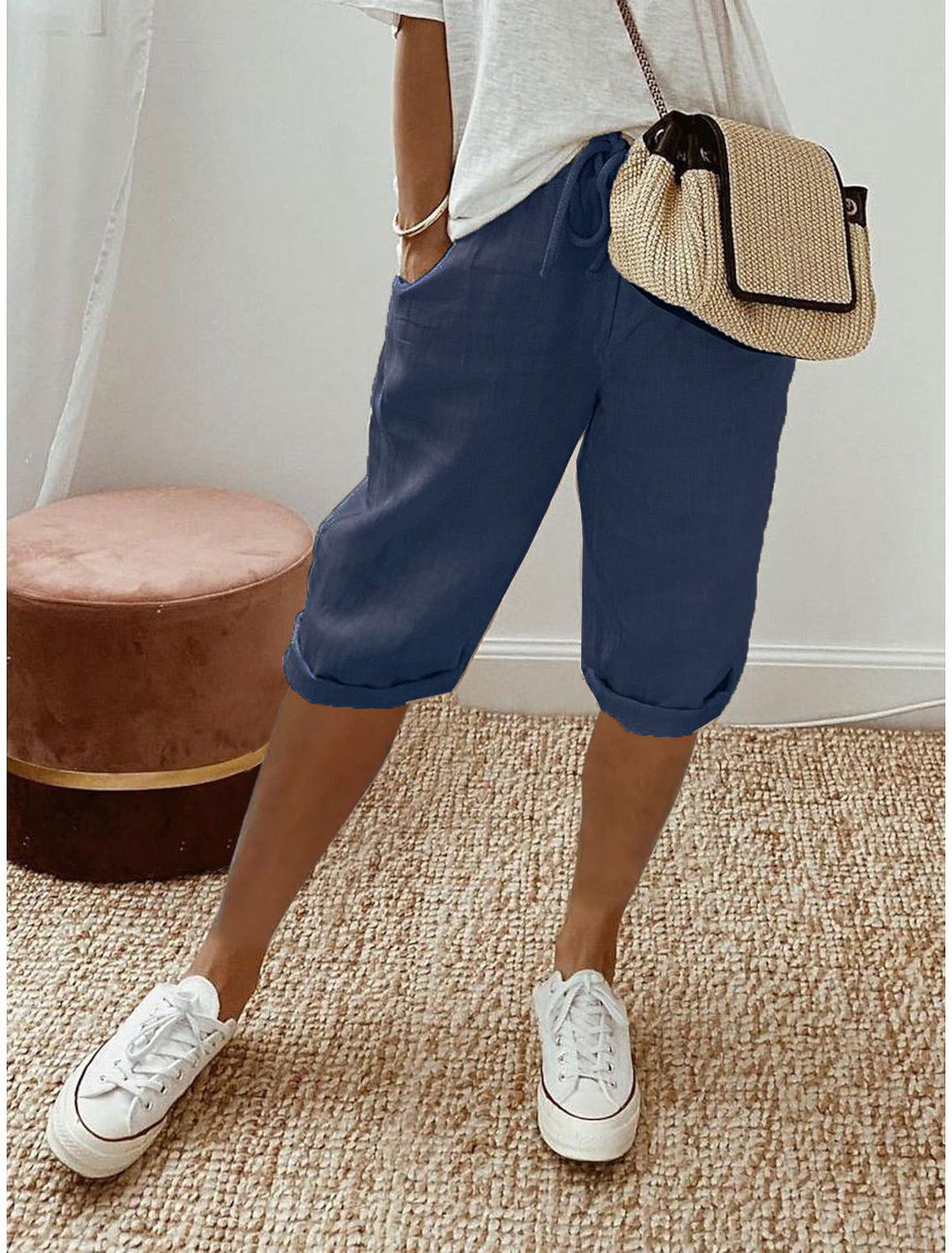 Pantalones capri casuales de algodón y lino para mujer