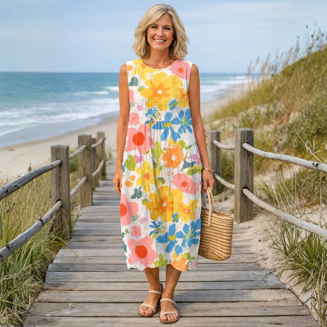 Maja | Vestido midi con estampado floral en tonos pastel, mezcla de algodón