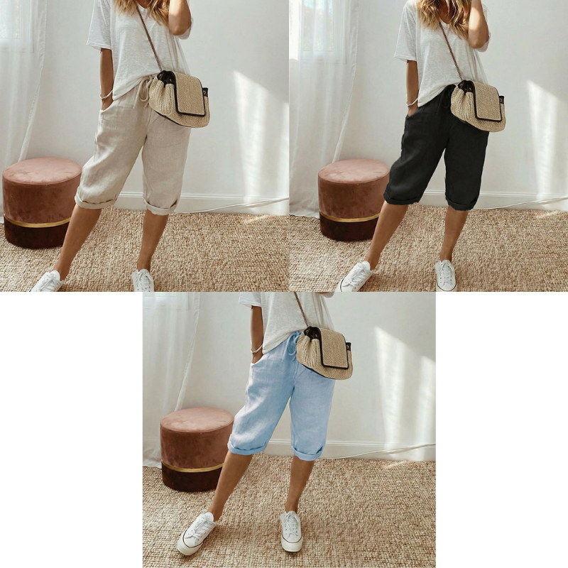 Pantalones capri casuales de algodón y lino para mujer