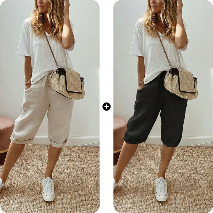 Pantalones capri casuales de algodón y lino para mujer