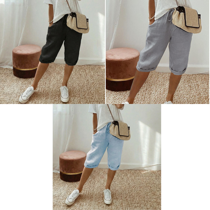 Pantalones capri casuales de algodón y lino para mujer