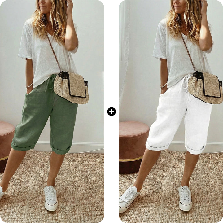 Pantalones capri casuales de algodón y lino para mujer
