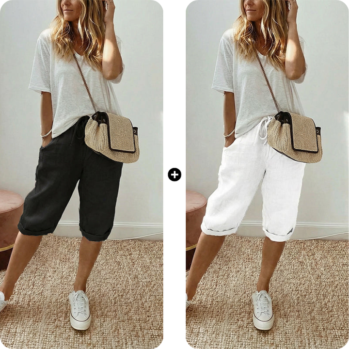 Pantalones capri casuales de algodón y lino para mujer