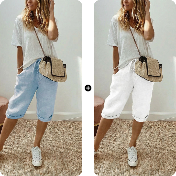Pantalones capri casuales de algodón y lino para mujer