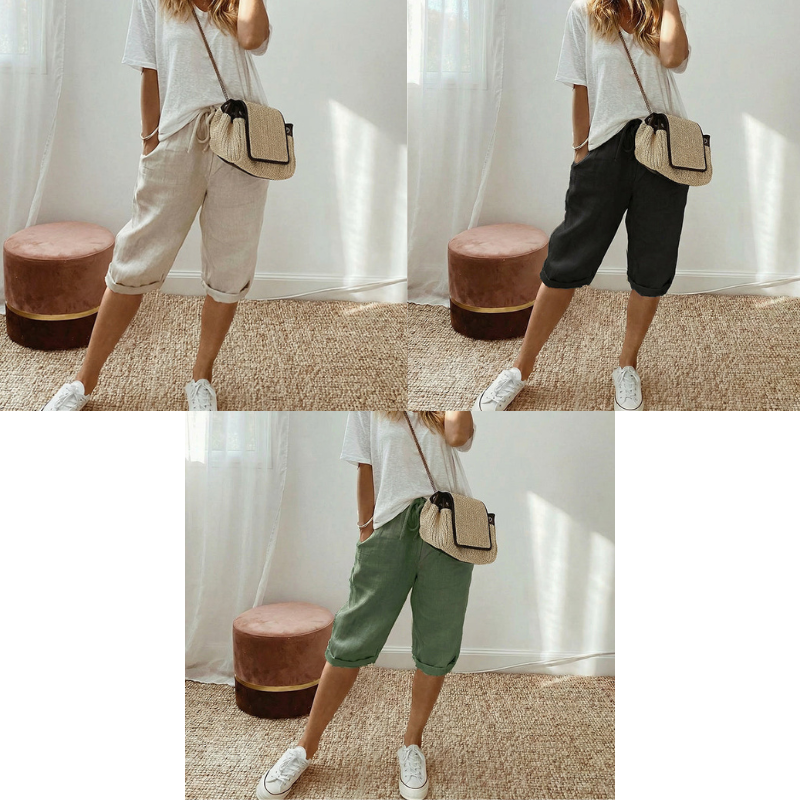 Pantalones capri casuales de algodón y lino para mujer