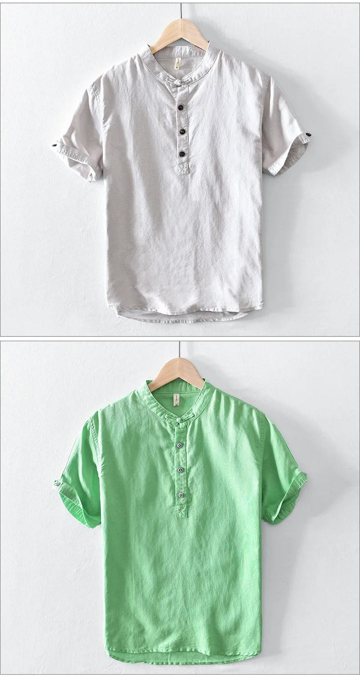 Camisa de algodón y lino de manga corta