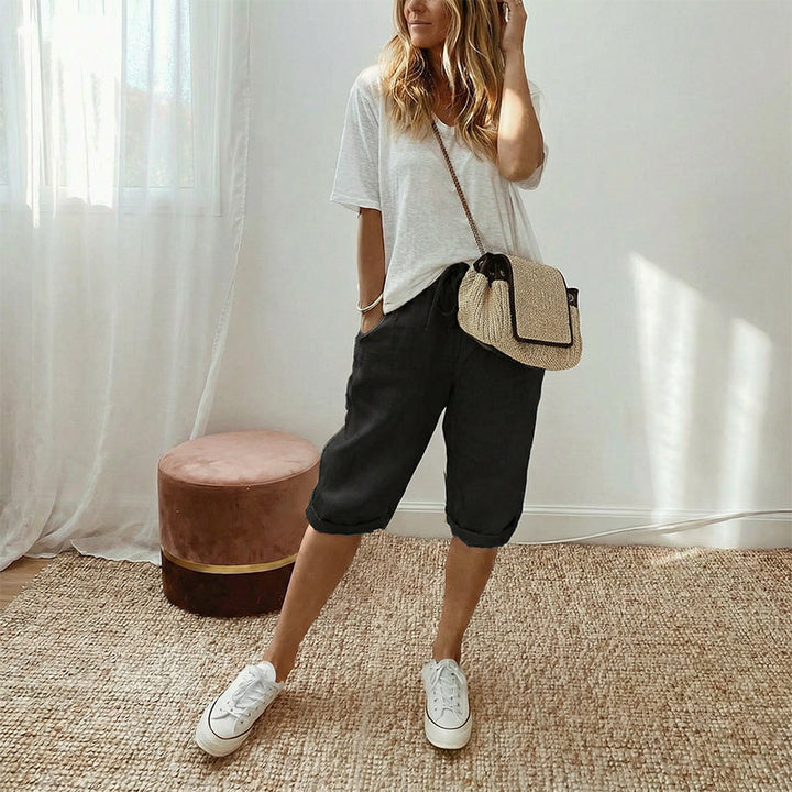 Pantalones capri casuales de algodón y lino para mujer