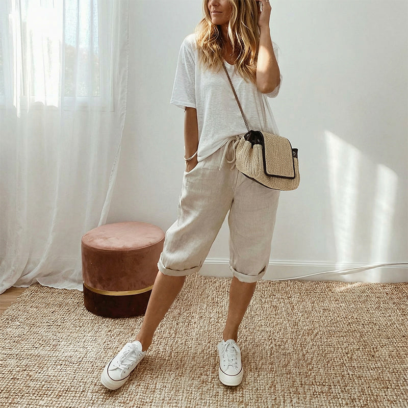 Pantalones capri casuales de algodón y lino para mujer