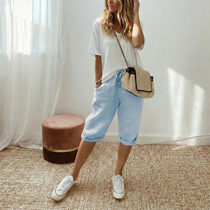 Pantalones capri casuales de algodón y lino para mujer