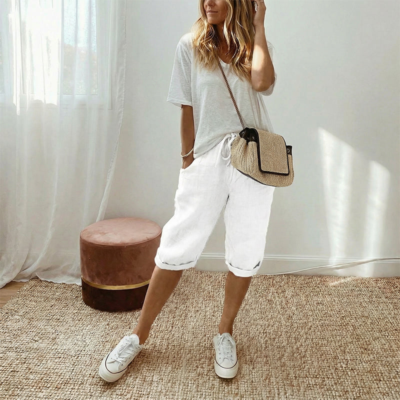 Pantalones capri casuales de algodón y lino para mujer