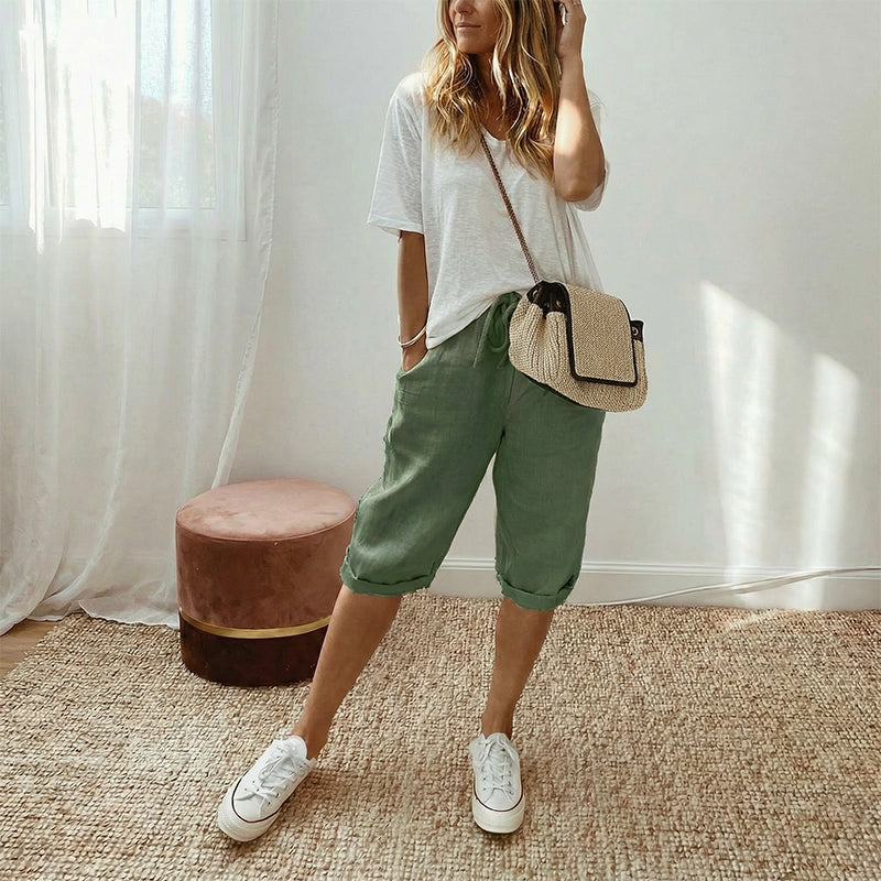 Pantalones capri casuales de algodón y lino para mujer